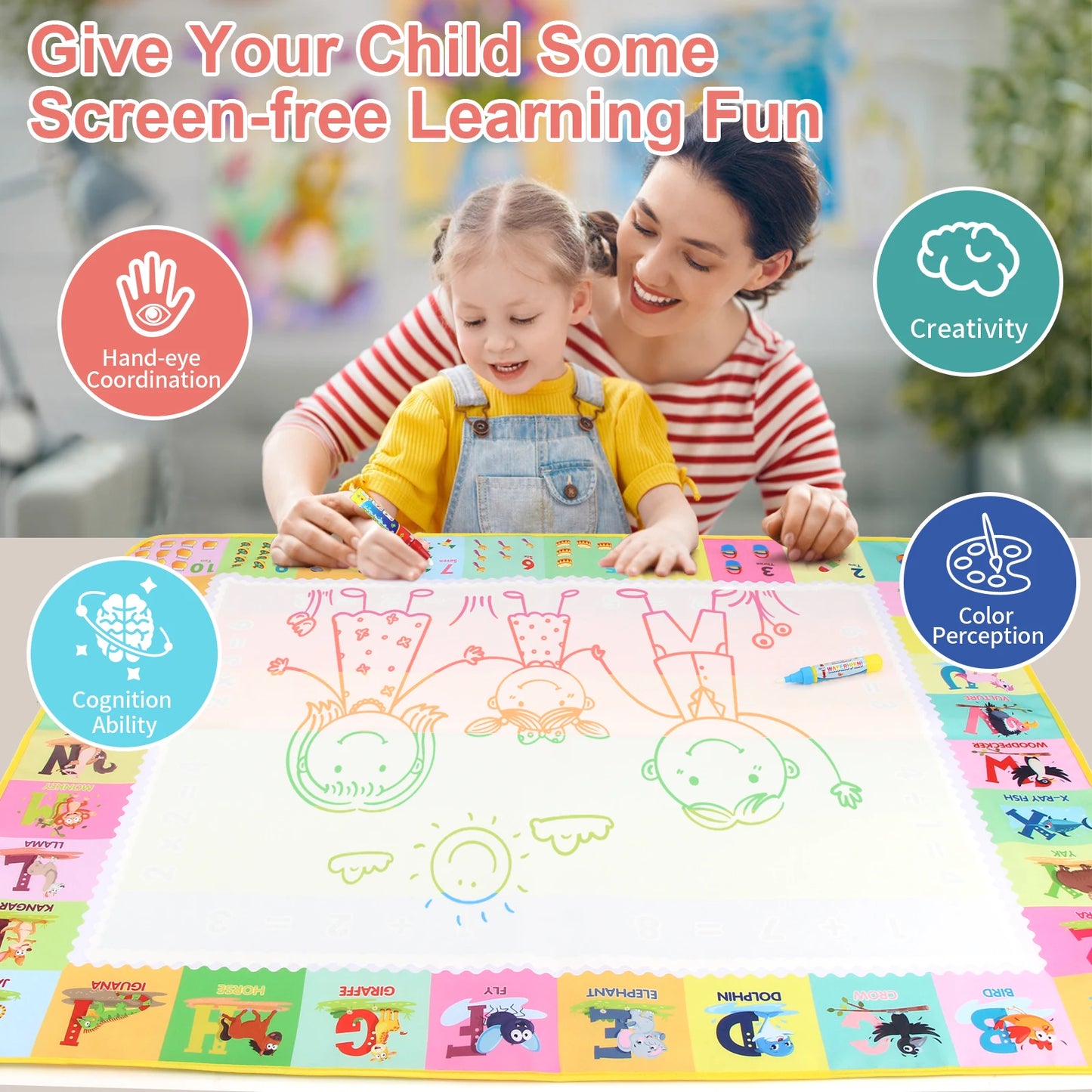 100x80CM Magic Water Drawing Mat Coloring Doodle With Reusable Magic Pens Montessori Painting Board Educational Toys Kids Gifts