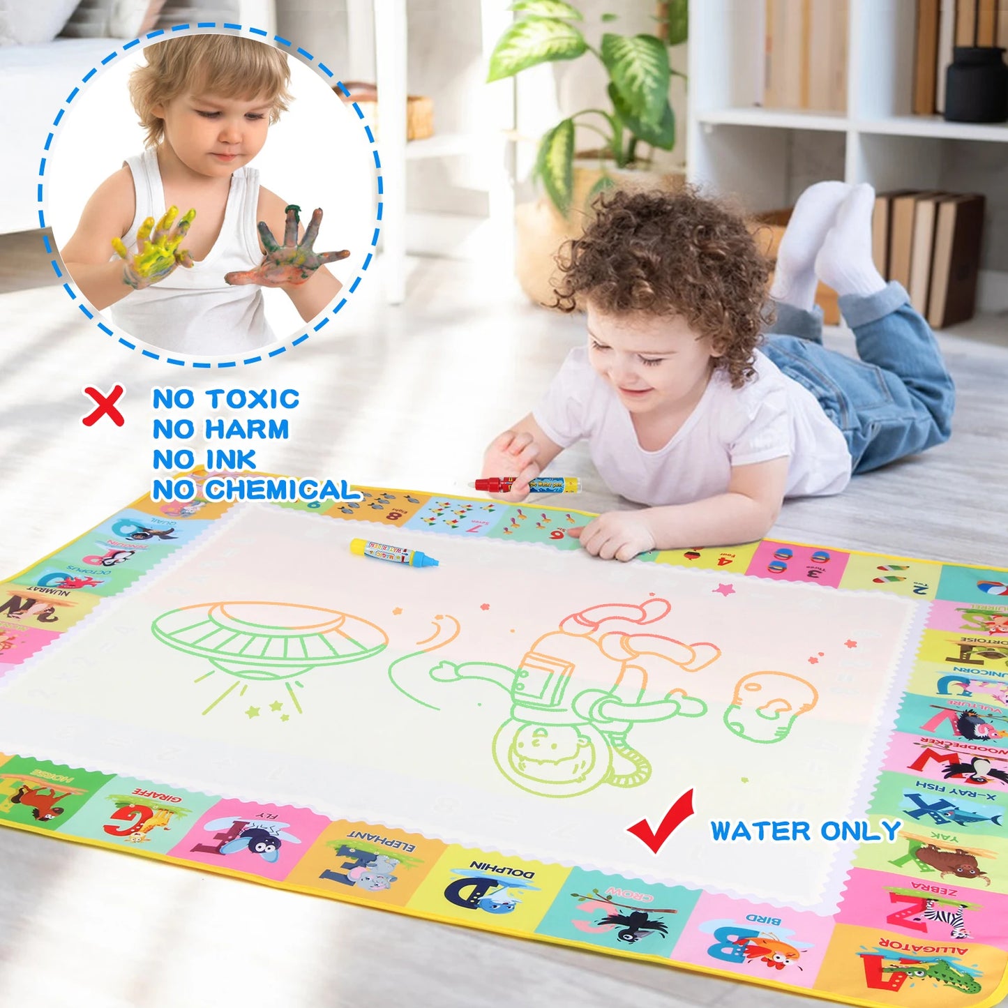 100x80CM Magic Water Drawing Mat Coloring Doodle With Reusable Magic Pens Montessori Painting Board Educational Toys Kids Gifts